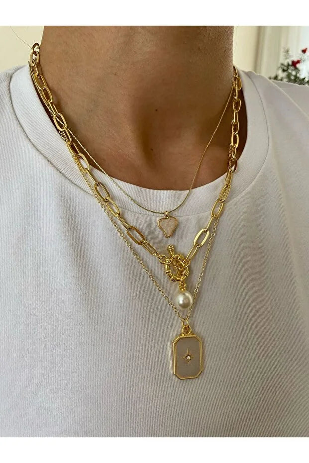 Pole Star Pearl Enamel Necklace Set Three Piece Layered Jewelry