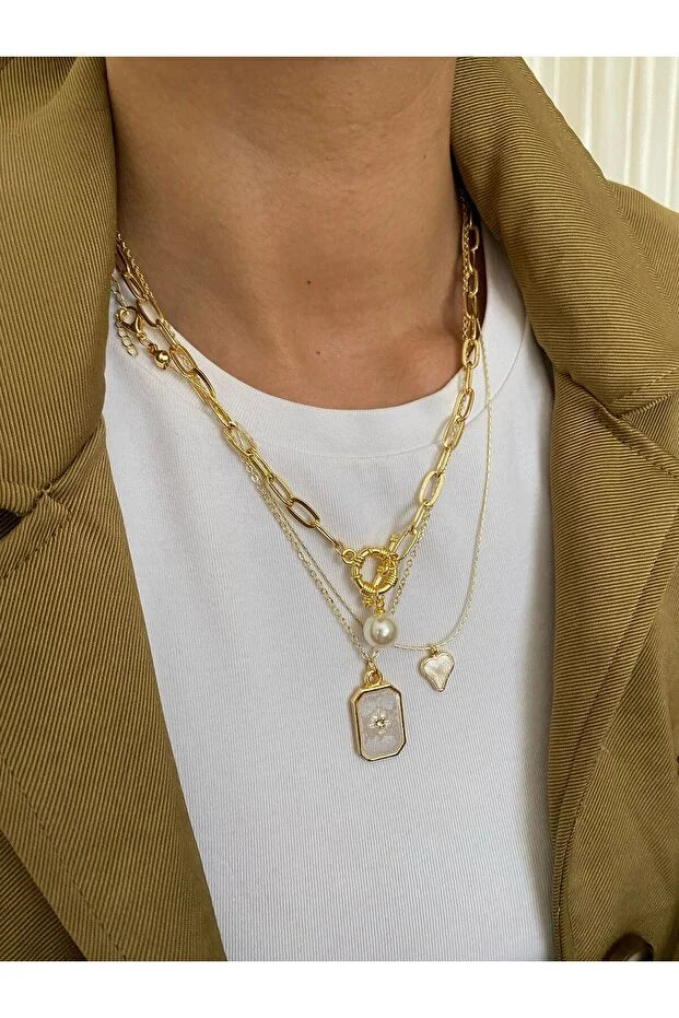 Pole Star Pearl Enamel Necklace Set Three Piece Layered Jewelry